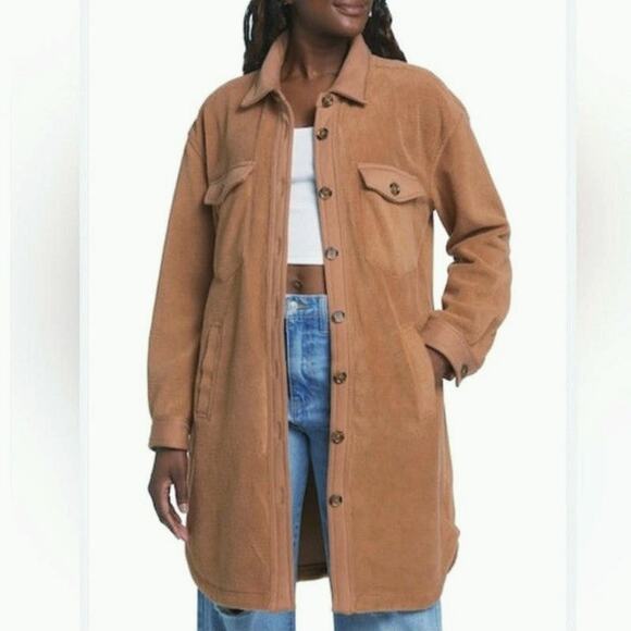 BlankNYC Fleece Shacket Camel Tan Button Down Long Jacket Size S Oversized - Picture 1 of 16